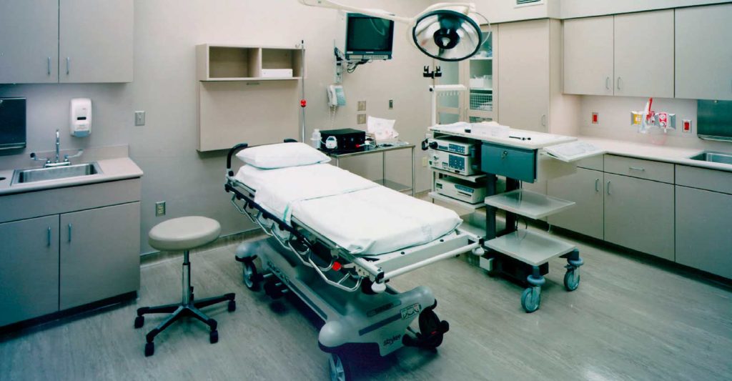 View of operating room showing lighting and equipment